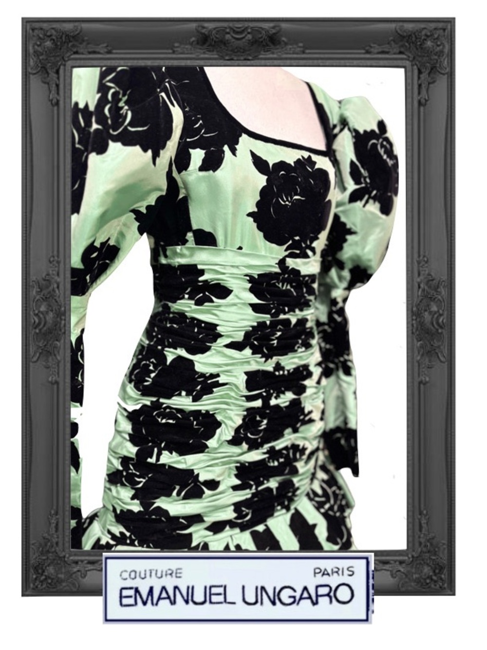 Emanuel Ungaro Haute CoutureMint Green and Black Floral Ruched Long Sleeve Dress